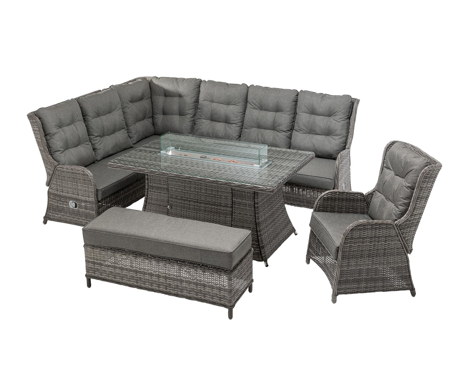 Reclining Rattan Corner Sofa Set With Rectangular Fire Pit Dining Table In Grey Fiji Rattan Direct