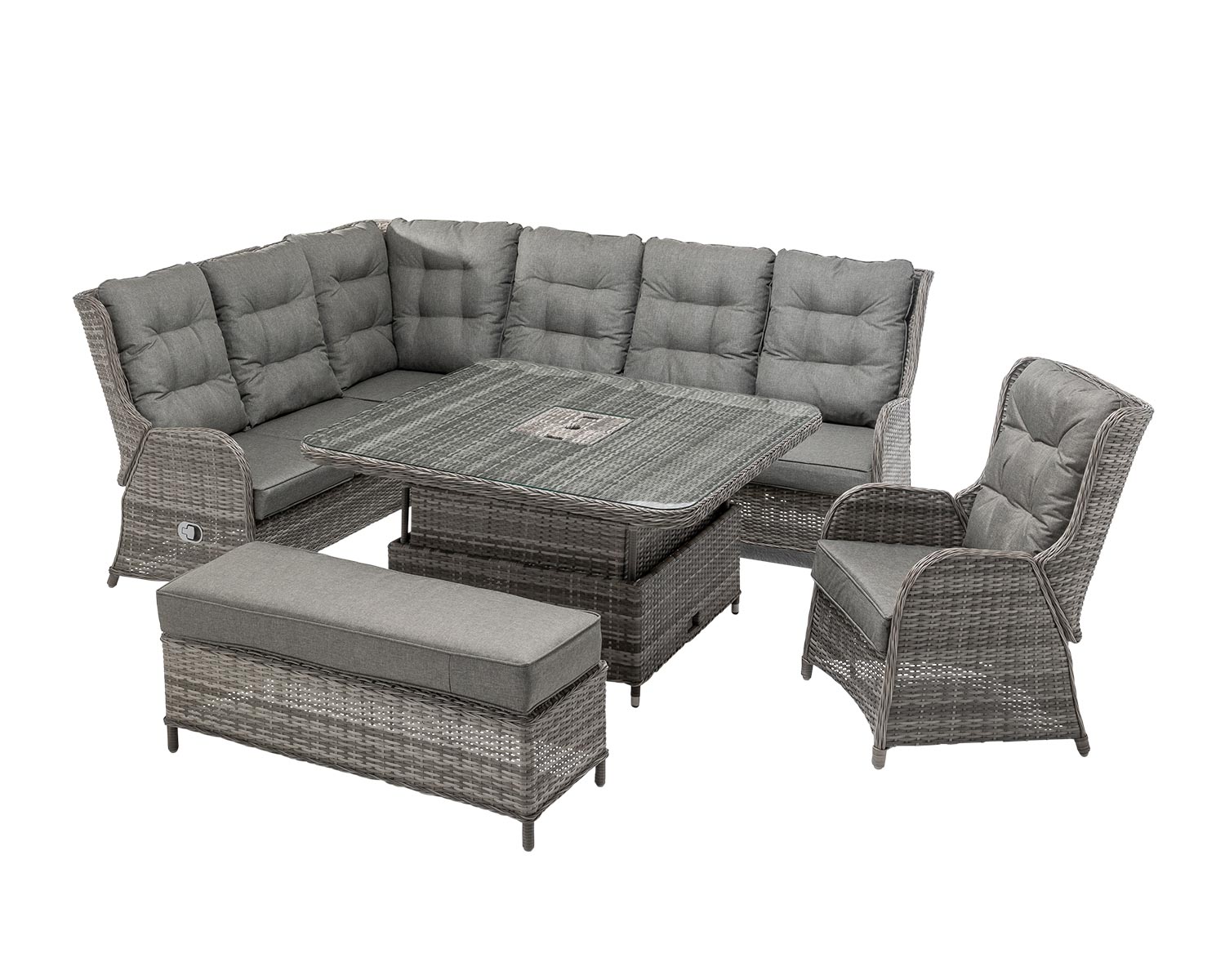 Reclining Rattan Corner Sofa Set With Square Ice Bucket Dining Table In Grey Fiji Rattan Direct