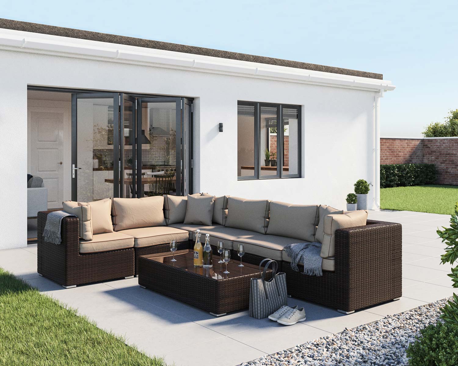Rattan Garden Corner Sofa Set In Brown Amp Cream Geneva 7 Piece Rattan Direct