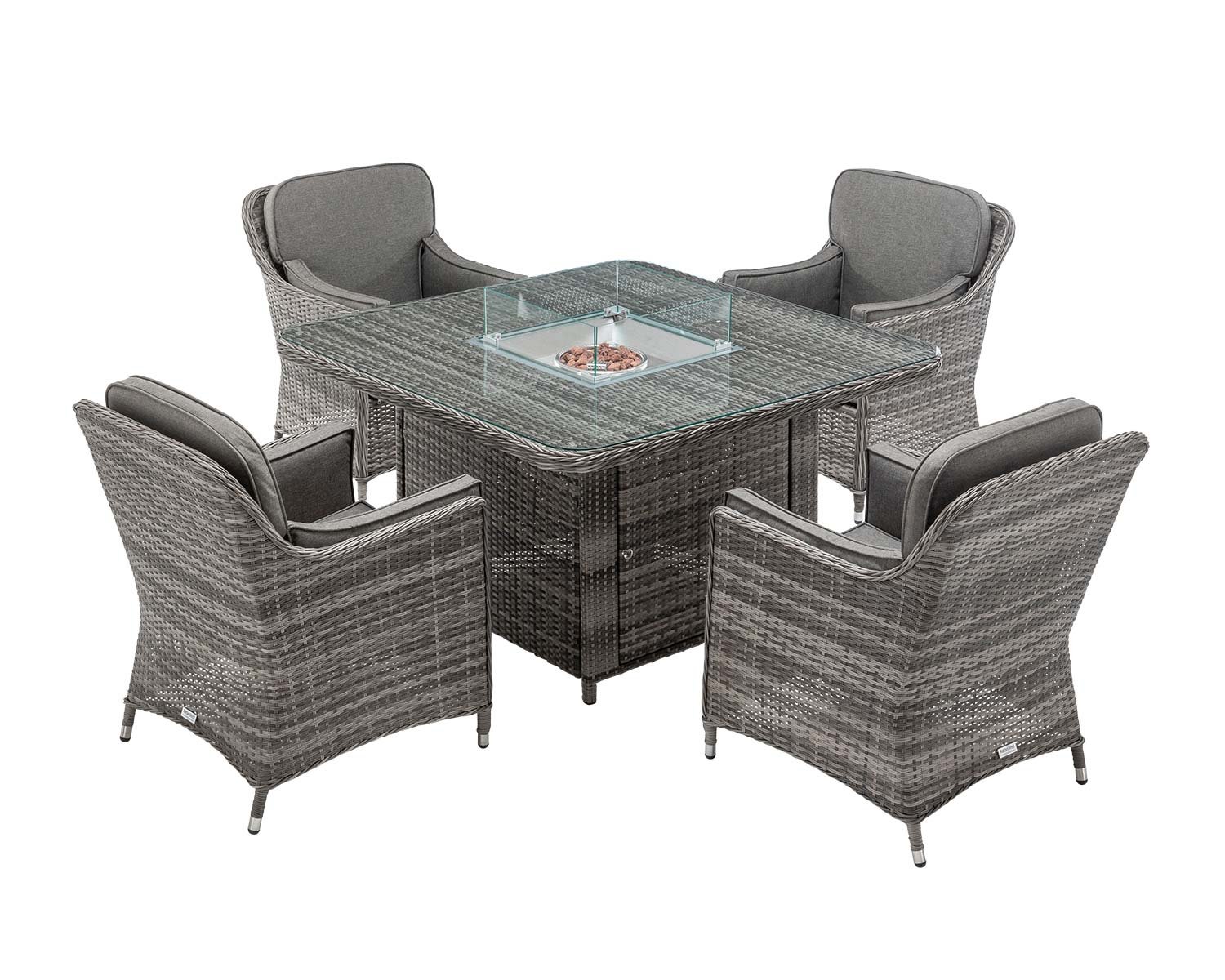 4 Seat Rattan Garden Dining Set With Square Table In Grey With Fire Pit Lyon Rattan Direct