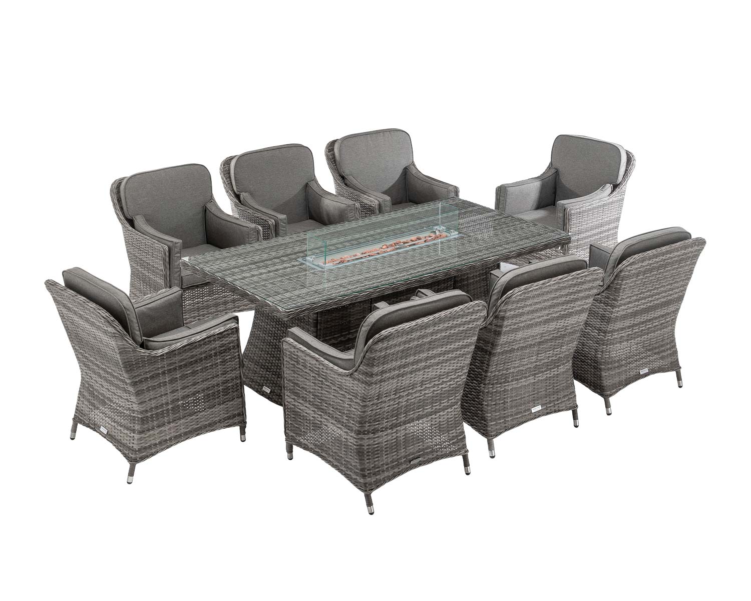 8 Seat Rattan Garden Dining Set With Rectangular Table In Grey With Fire Pit Lyon Rattan Direct