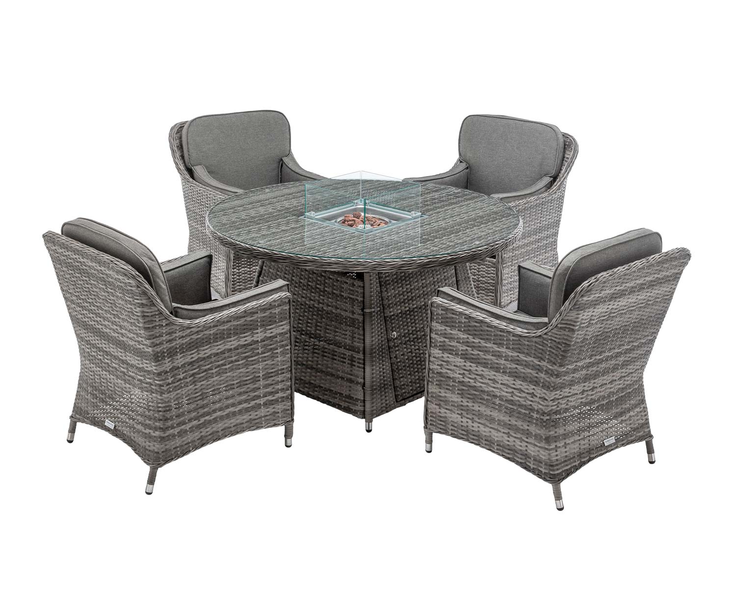 4 Seat Rattan Garden Dining Set With Round Table In Grey With Fire Pit Lyon Rattan Direct