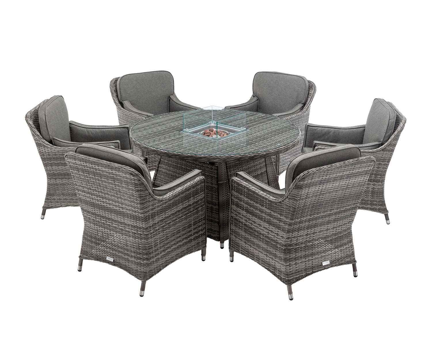 6 Seat Rattan Garden Dining Set With Round Table In Grey With Fire Pit Lyon Rattan Direct