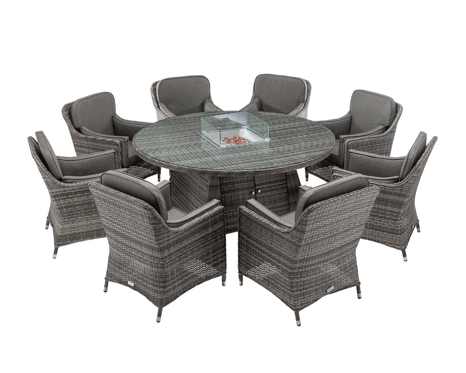 8 Seater Rattan Garden Dining Set With Large Round Table In Grey With Fire Pit Lyon Rattan Direct