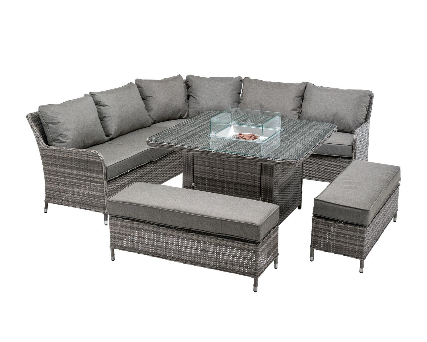 Monte Carlo Rattan Garden Corner Dining Set With Square Fire Pit Dining Table In Grey