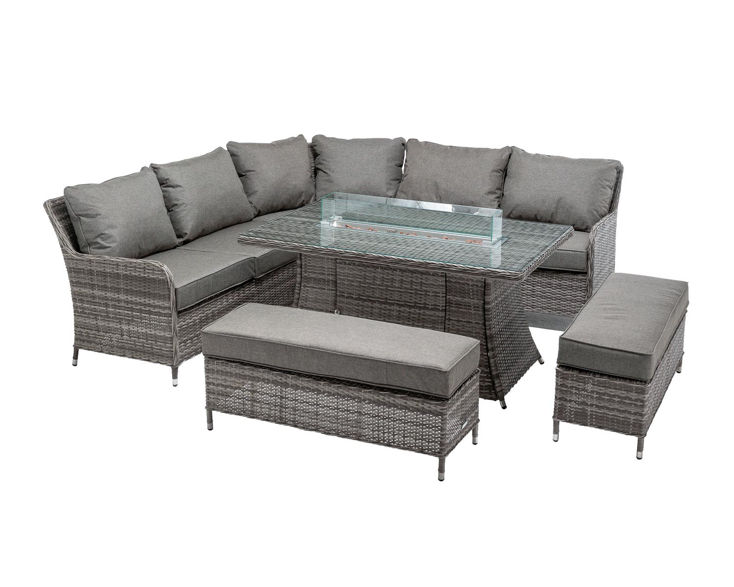 Monte Carlo Rattan Garden Corner Dining Set With Rectangular Fire Pit Dining Table In Grey