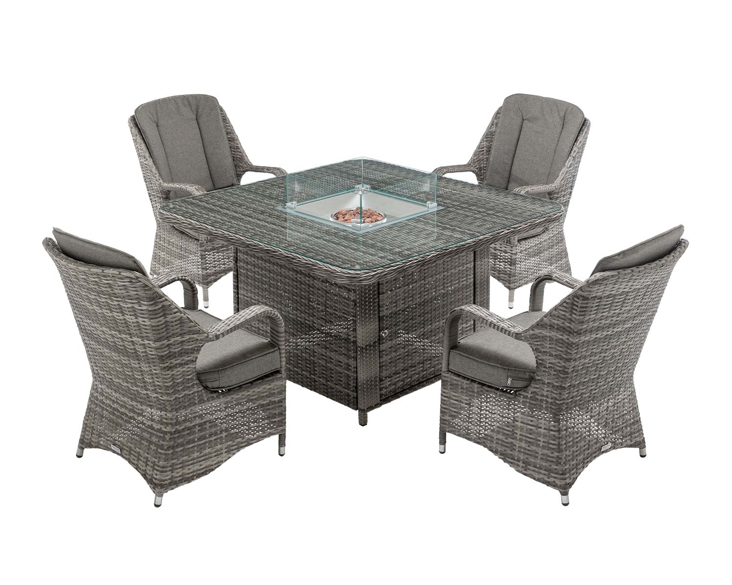 4 Seat Rattan Garden Dining Set With Square Table In Grey With Fire Pit Marseille Rattan Direct