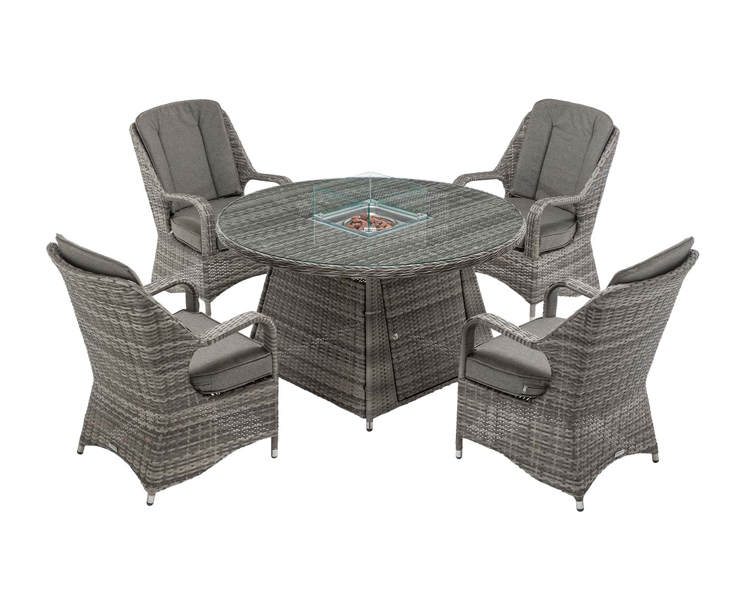 4 Seat Rattan Garden Dining Set With Round Table In Grey With Fire Pit Marseille Rattan Direct