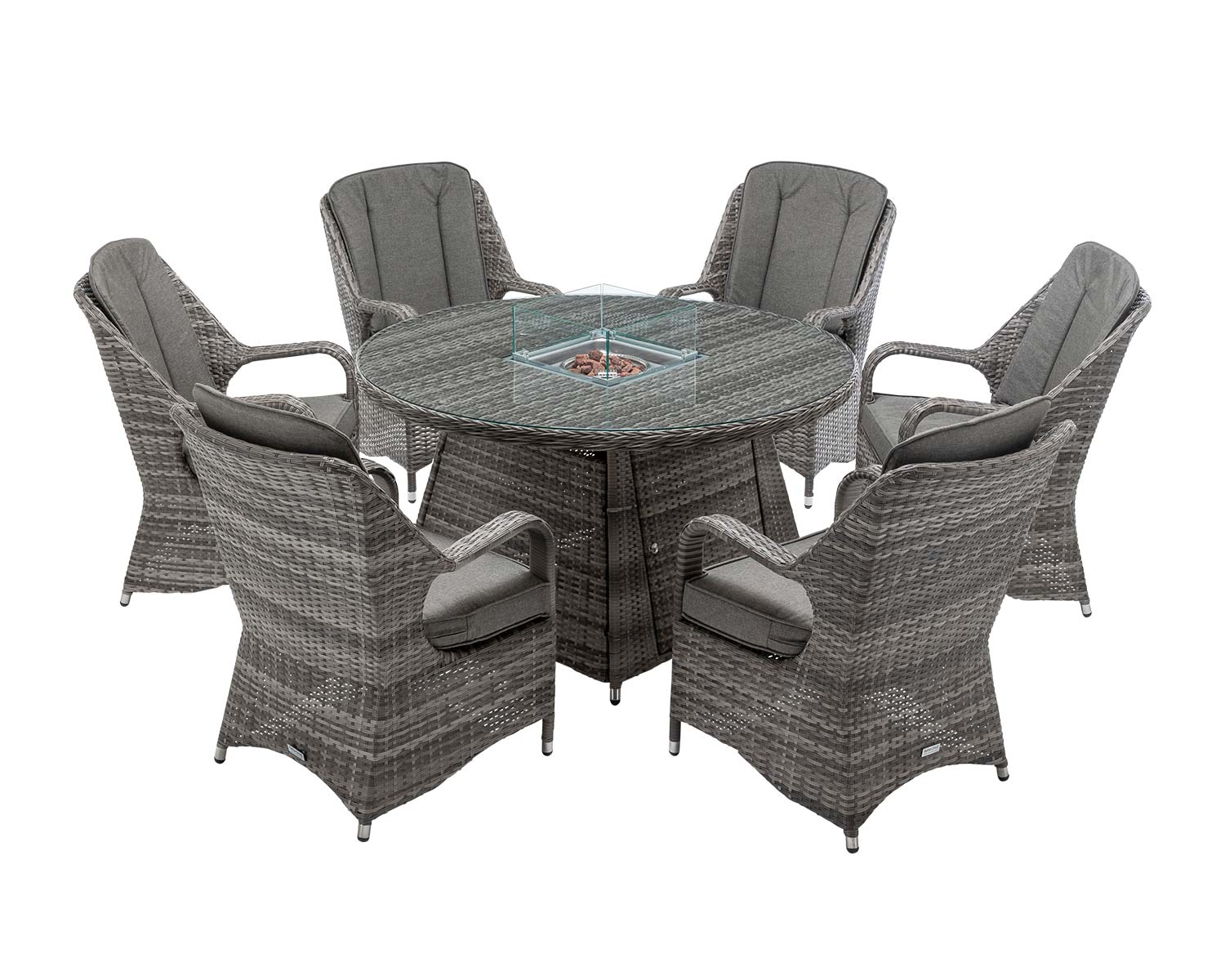 6 Seat Rattan Garden Dining Set With Round Table In Grey With Fire Pit Marseille Rattan Direct
