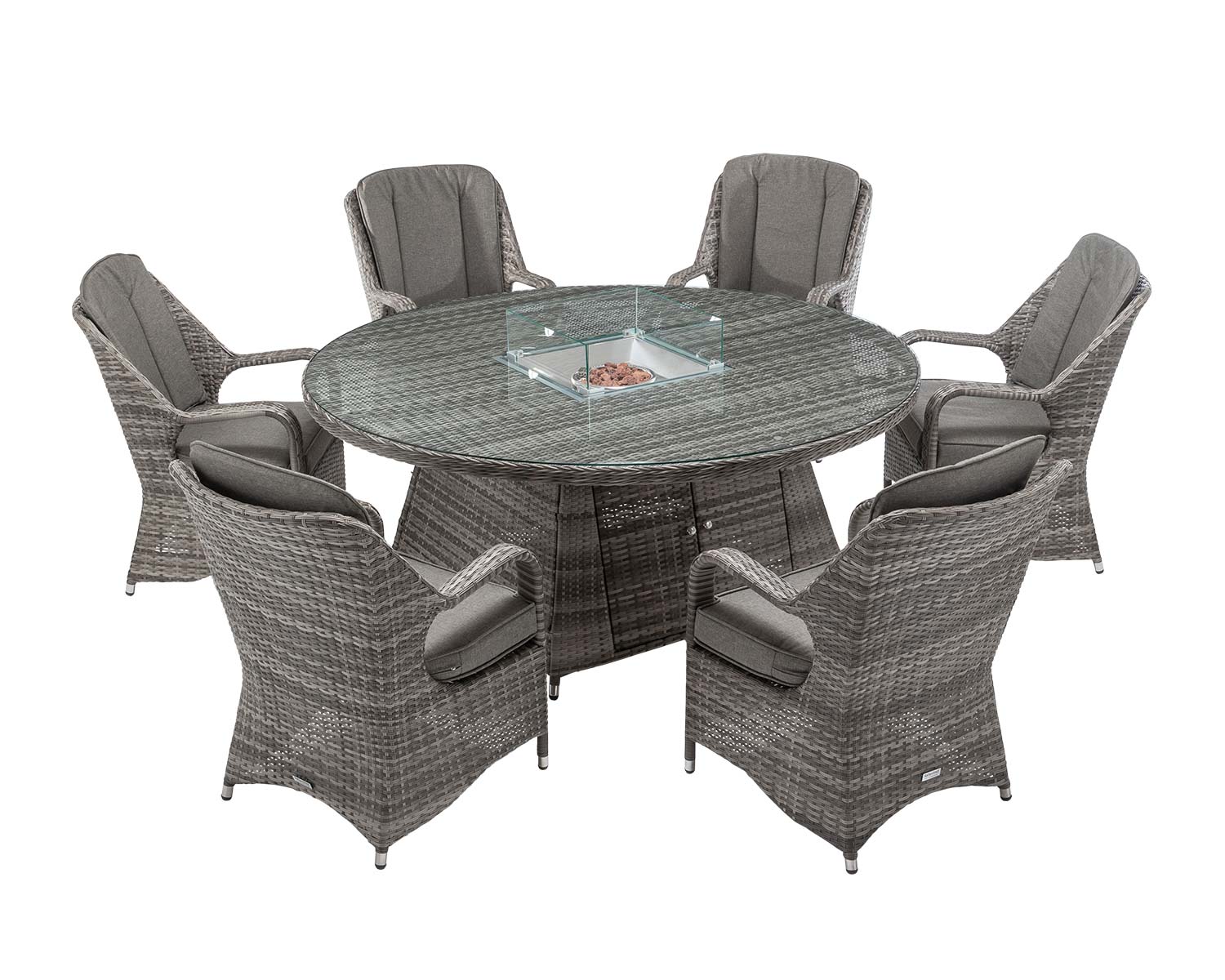 6 Seat Rattan Garden Dining Set With Large Round Table In Grey With Fire Pit Marseille Rattan Direct