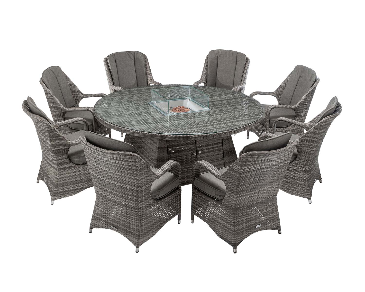 8 Seater Rattan Garden Dining Set With Large Round Table In Grey With Fire Pit Marseille Rattan Direct