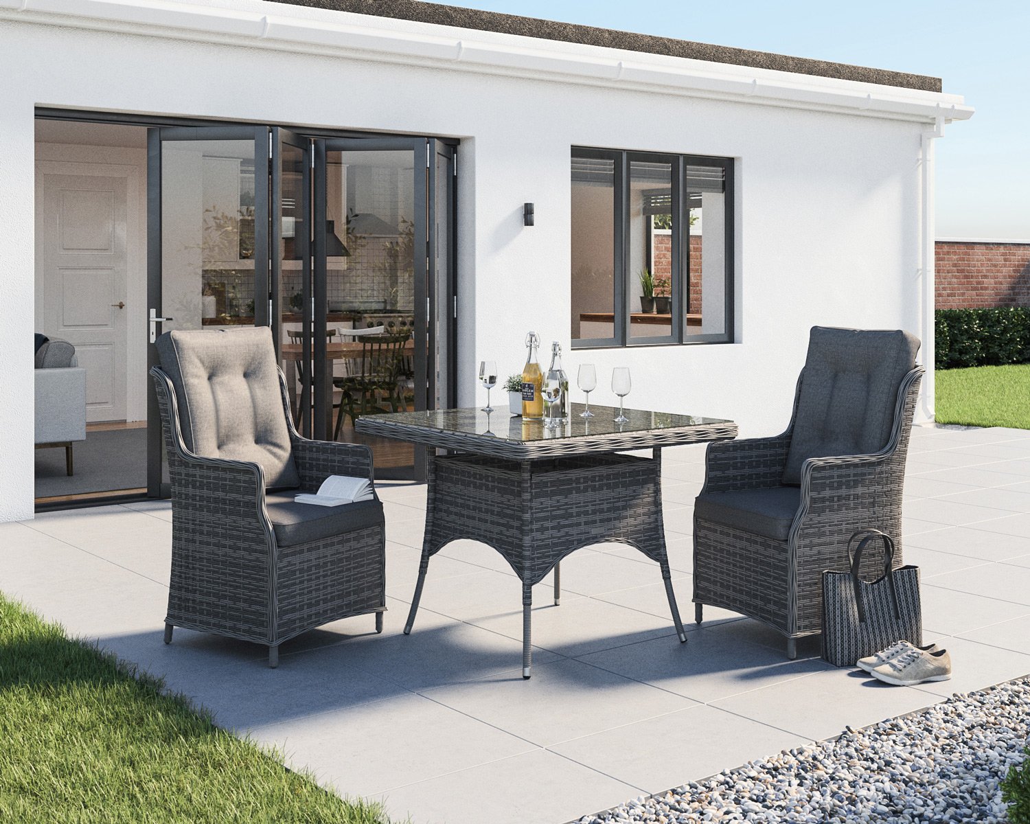 2 Seater Rattan Garden Dining Set With Square Dining Table In Grey Riviera Rattan Direct
