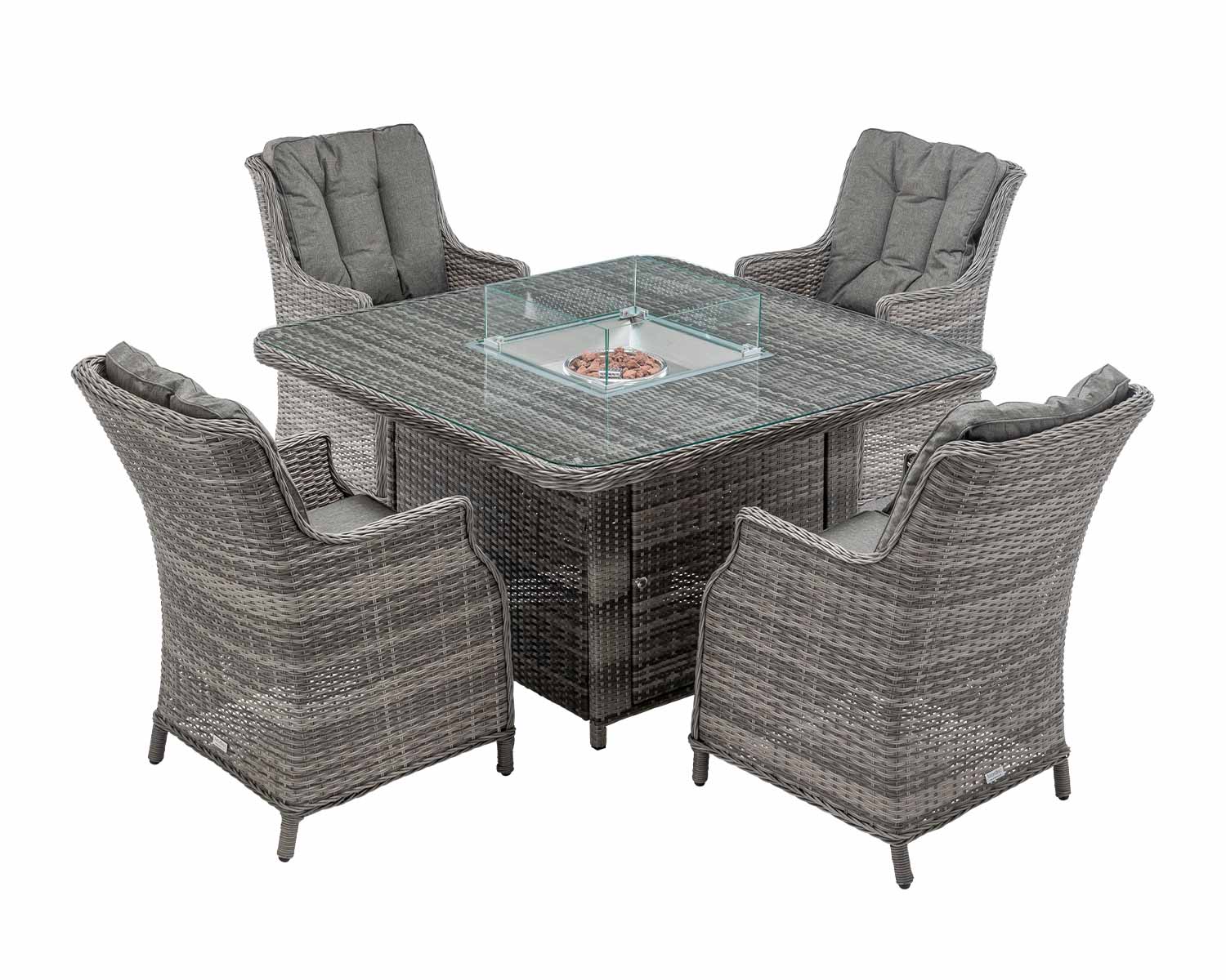 4 Seat Rattan Garden Dining Set With Square Table In Grey With Fire Pit Riviera Rattan Direct
