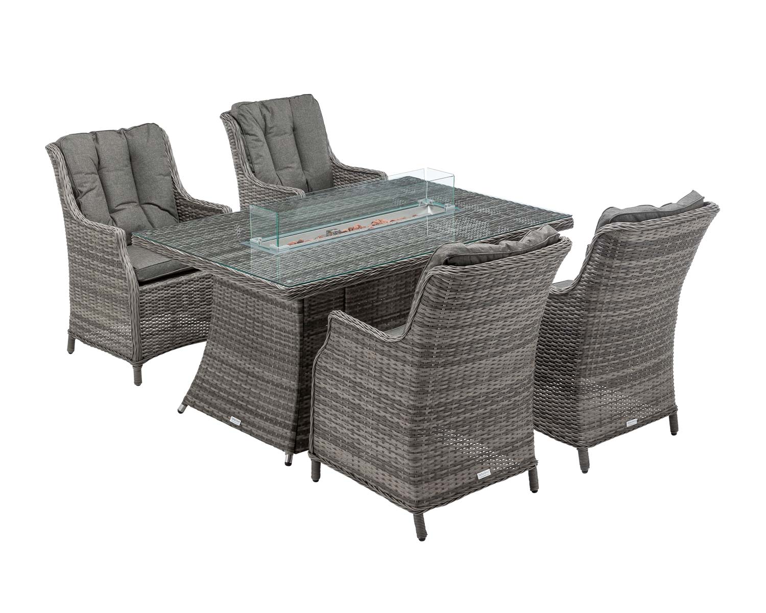 4 Seat Rattan Garden Dining Set With Rectangular Table In Grey With Fire Pit Riviera Rattan Direct