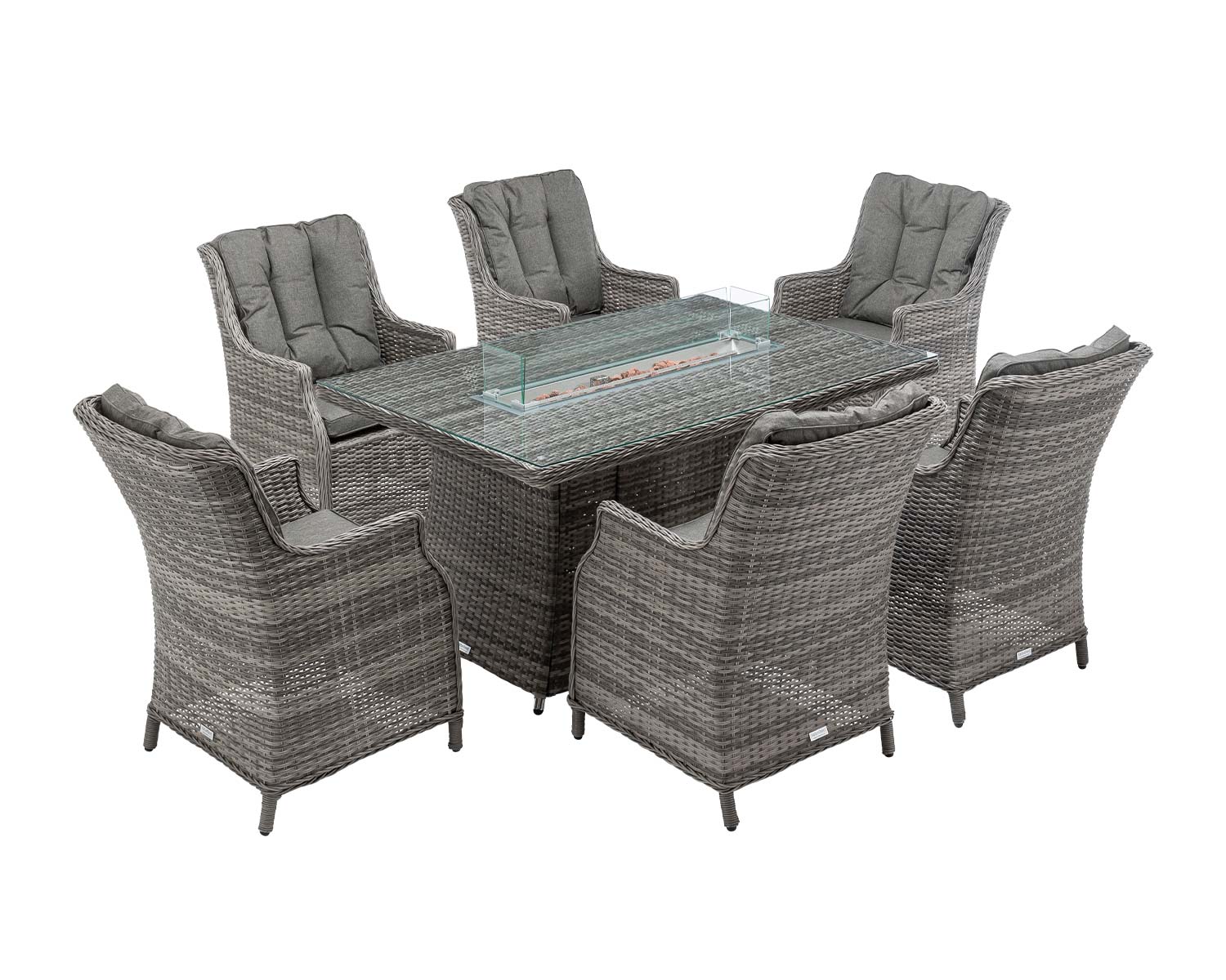 6 Seat Rattan Garden Dining Set With Rectangular Table In Grey With Fire Pit Riviera Rattan Direct