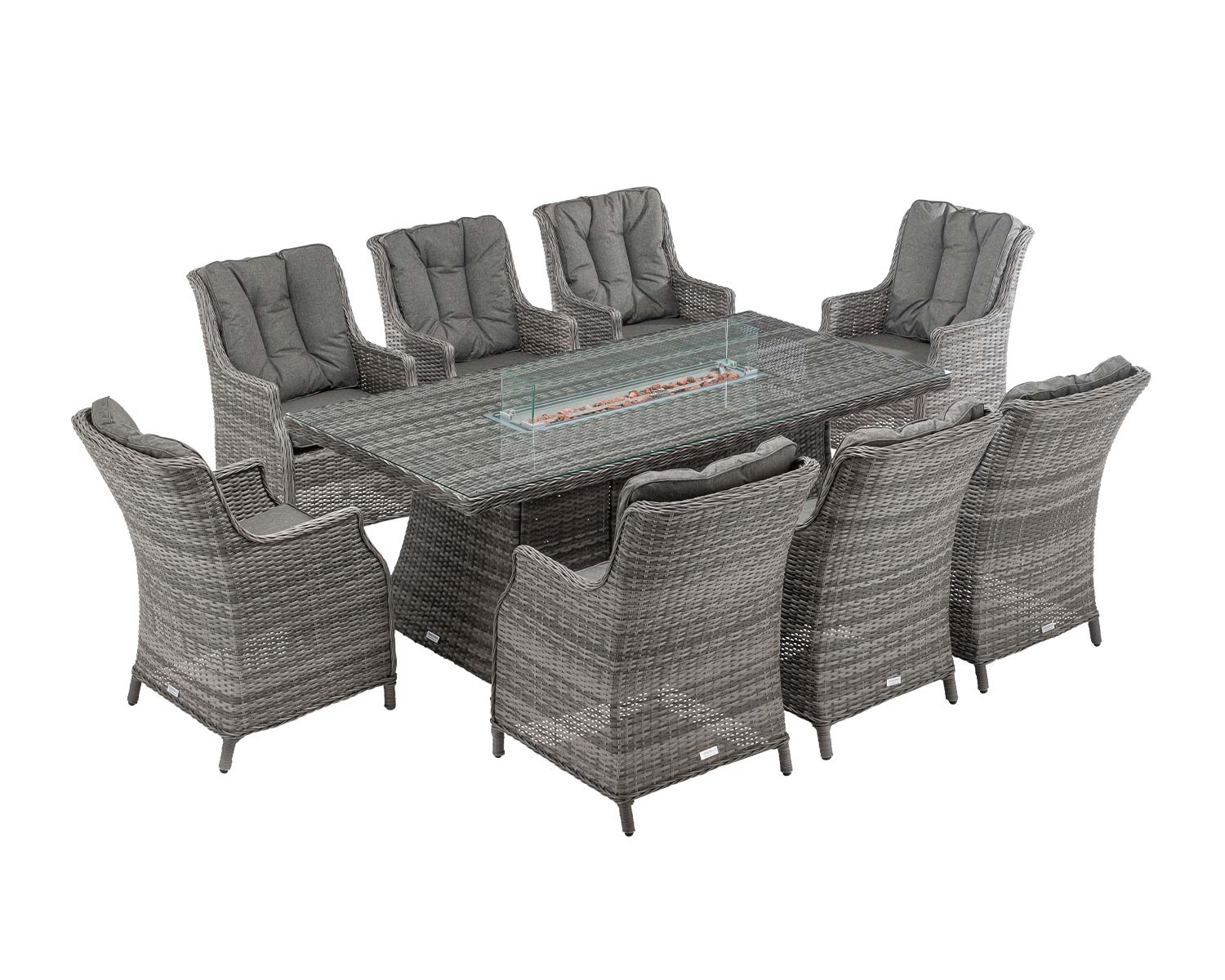 8 Seat Rattan Garden Dining Set With Rectangular Table In Grey With Fire Pit Riviera Rattan Direct