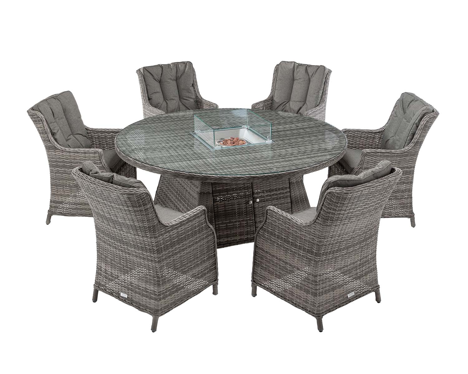 Riviera 6 Rattan Garden Chairs Amp Large Round Fire Pit Dining Table In Grey Riviera