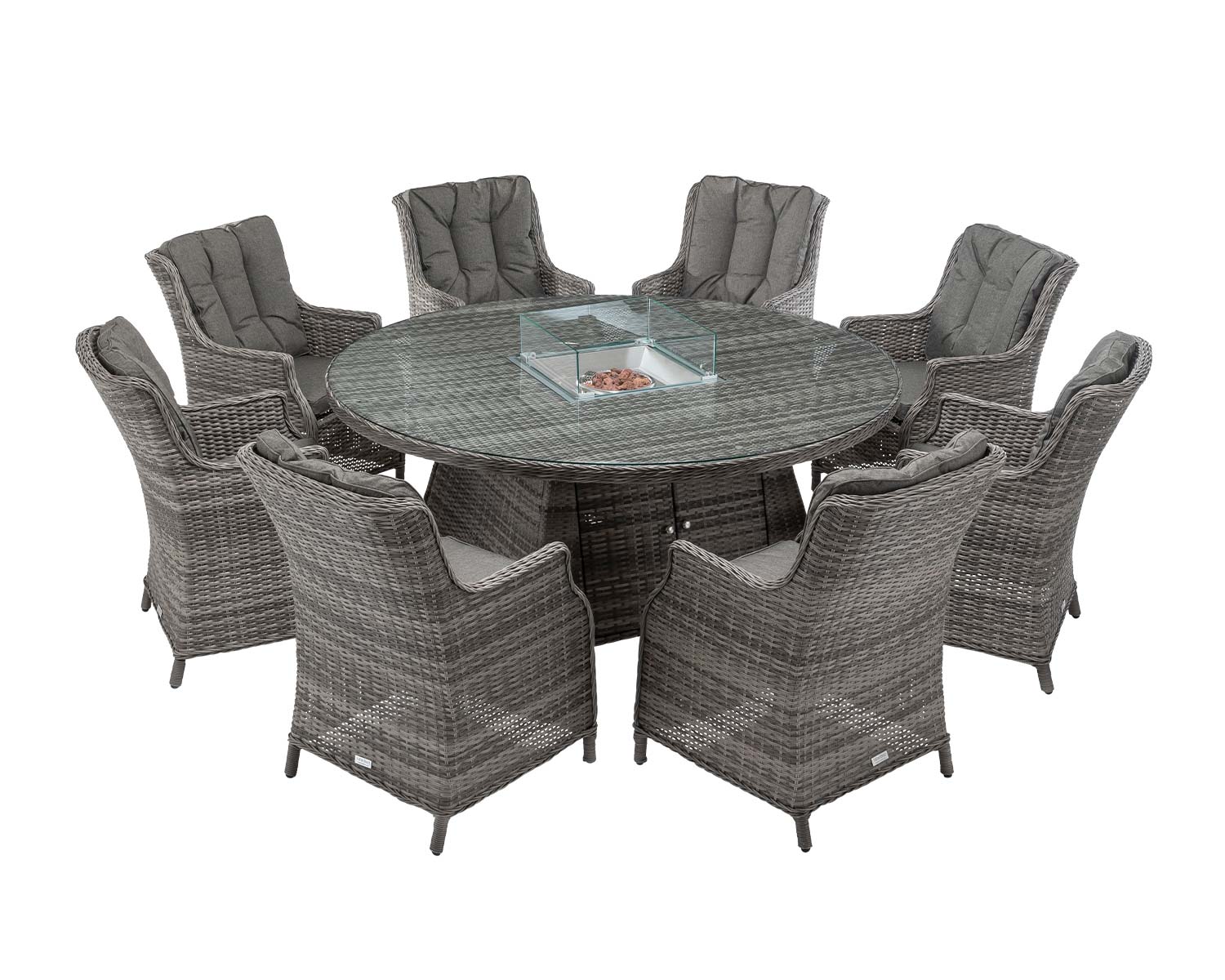 8 Seater Rattan Garden Dining Set With Large Round Table In Grey With Fire Pit Riviera Rattan Direct