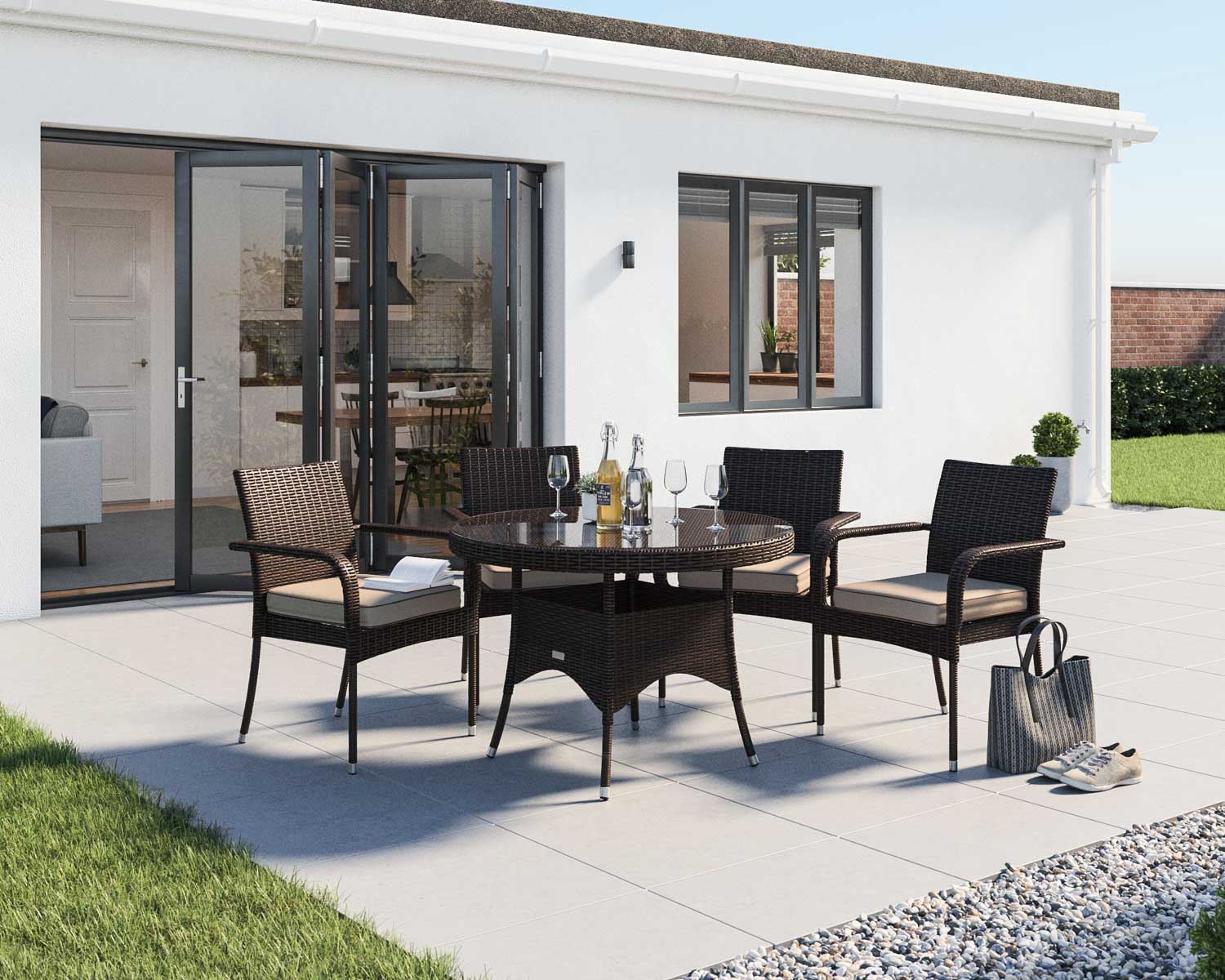 4 Rattan Garden Chairs Amp Small Round Dining Table Set In Brown Roma Rattan Direct