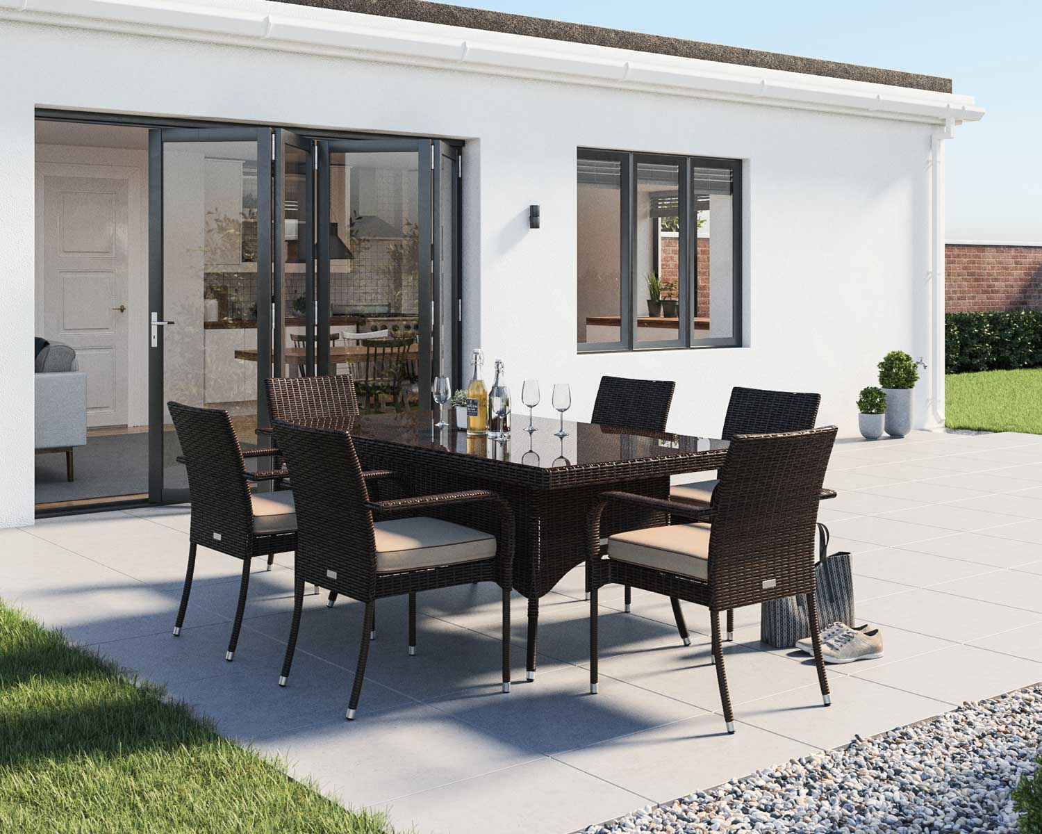 6 Seat Rattan Garden Dining Set With Rectangular Dining Table In Brown Roma Rattan Direct