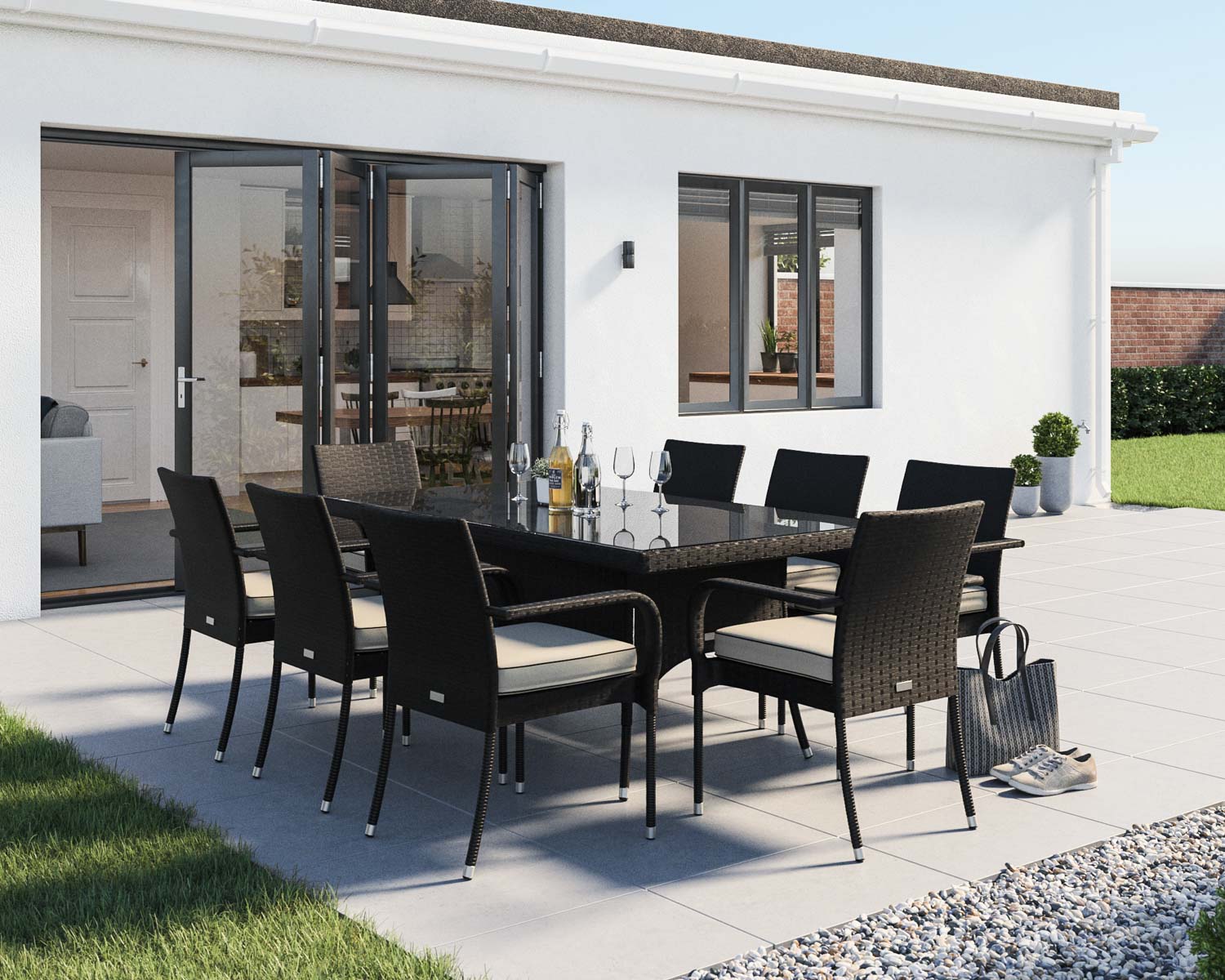 8 Seat Rattan Garden Dining Set With Rectangular Dining Table In Black Amp White Roma Rattan Direct