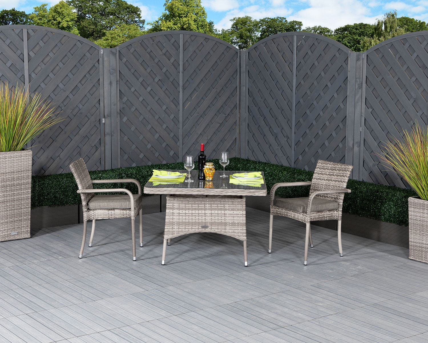 Square Rattan Garden Dining Table Amp 2 Stackable Chairs In Grey Roma Rattan Direct