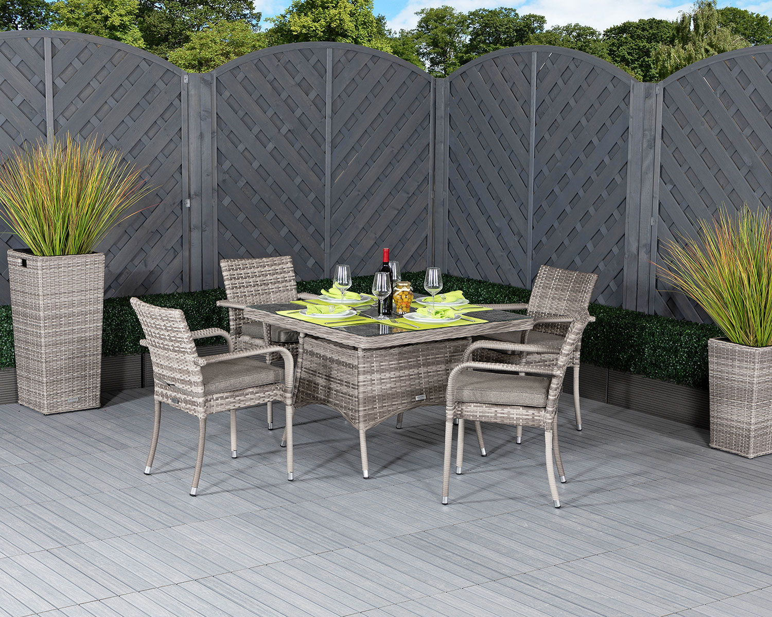 4 Seat Rattan Garden Dining Set With Square Dining Table In Grey Roma Rattan Direct