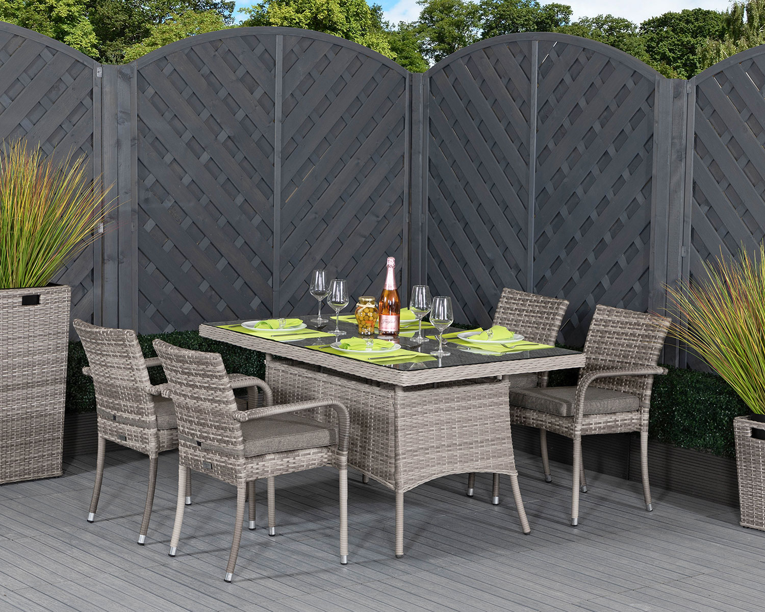 4 Seat Rattan Garden Dining Set With Small Rectangular Dining Table In Grey Roma Rattan Direct