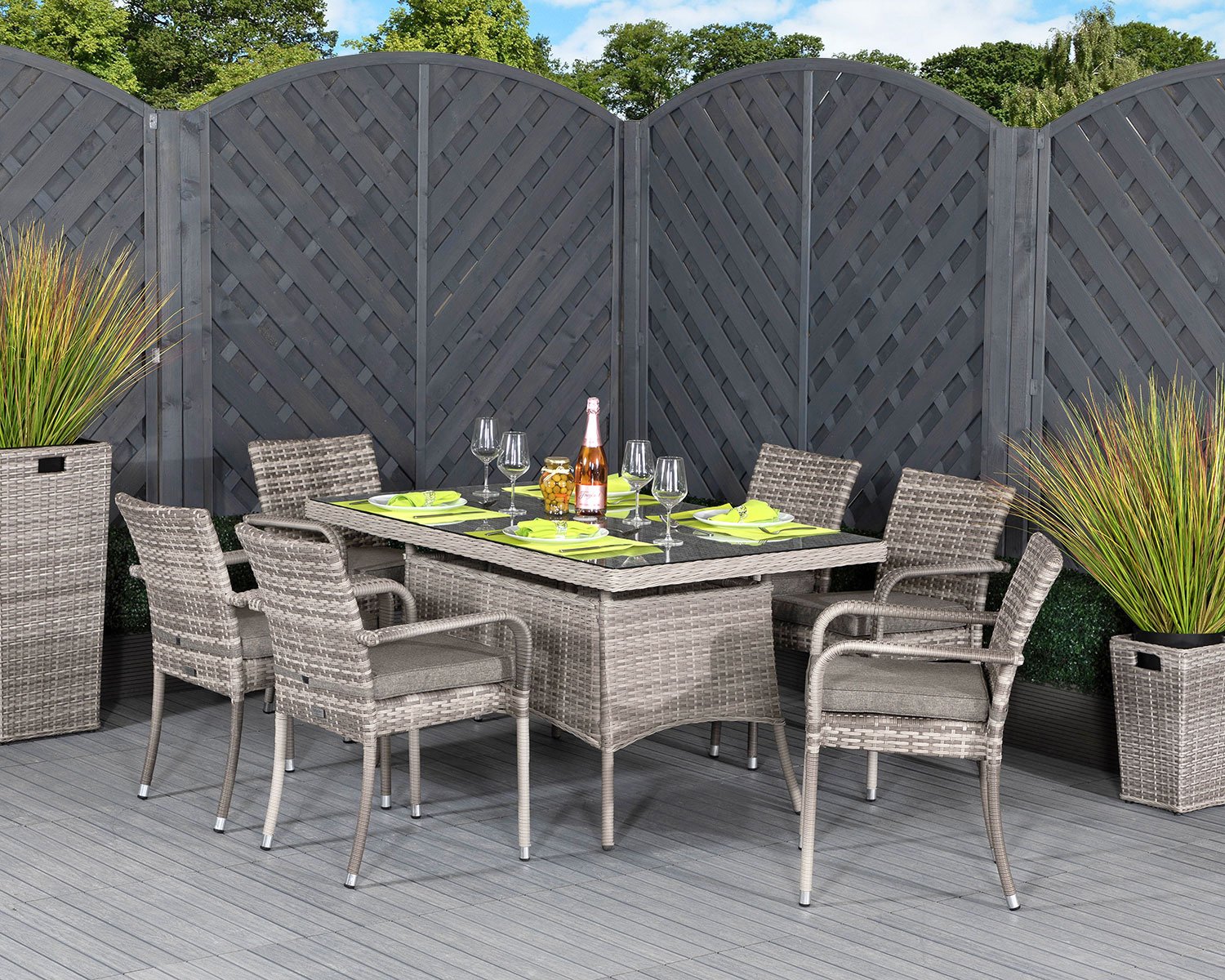 6 Seat Rattan Garden Dining Set With Small Rectangular Dining Table In Grey Roma Rattan Direct