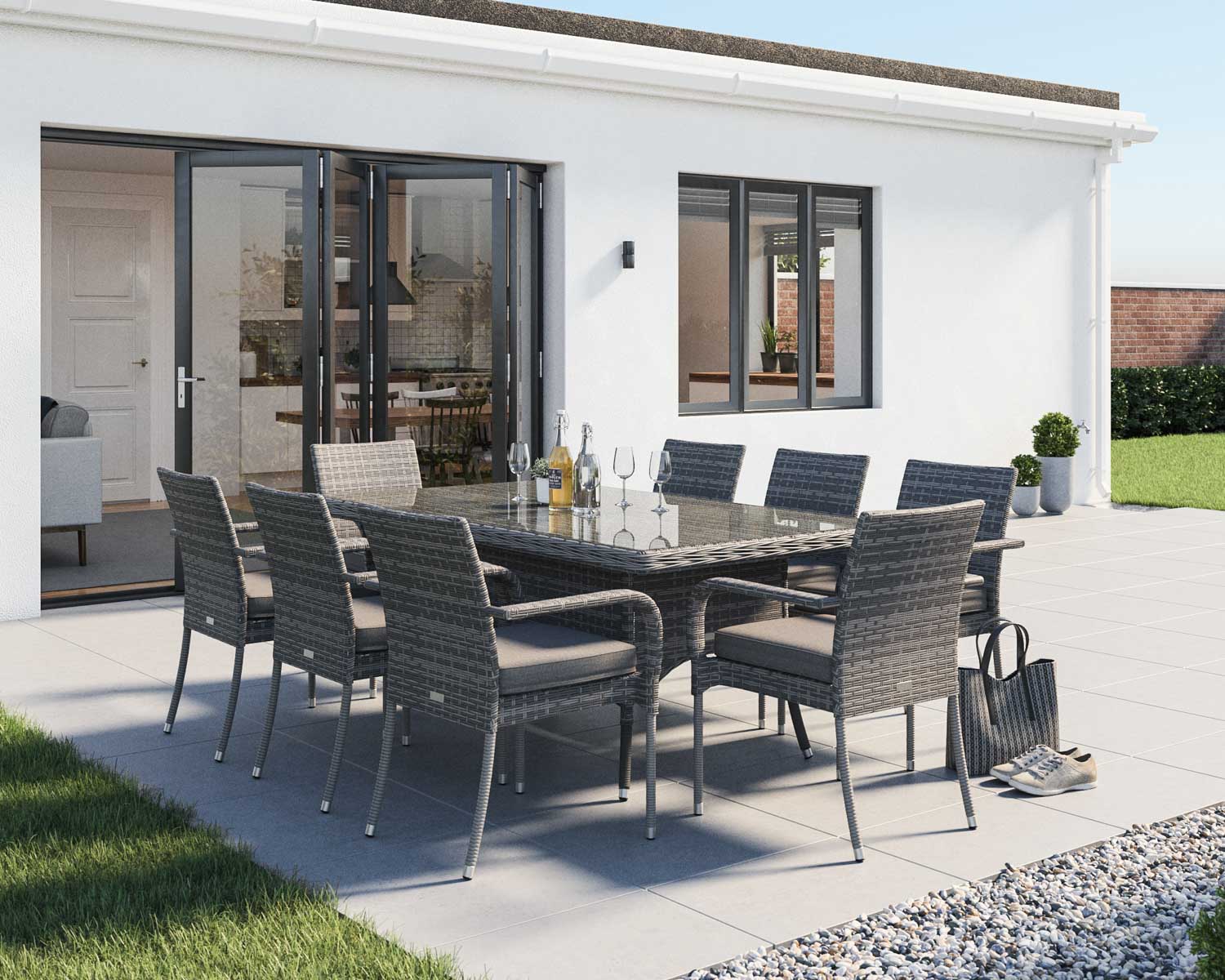 8 Seat Rattan Garden Dining Set With Rectangular Dining Table In Grey Roma Rattan Direct