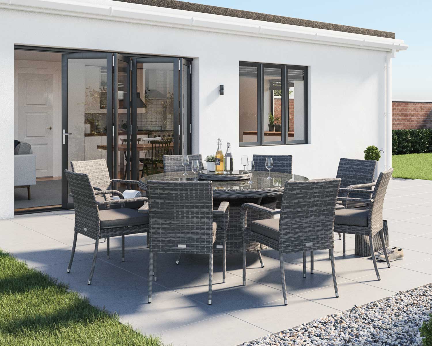 8 Seat Rattan Garden Dining Set With Large Round Dining Table In Grey Roma Rattan Direct