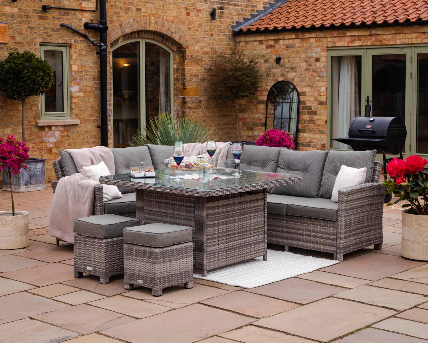 Sorrento Rattan Garden Corner Dining Set With Square Fire Pit Table In Willow