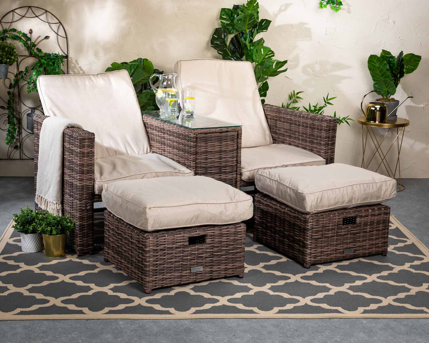 Rattan Garden Reclining Sun Lounger Set In Truffle Brown Amp Champagne Paris Rattan Direct