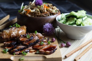 Duck teriyaki with soba noodle salad and smashed cucumber