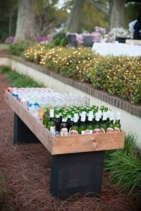 Tray on blocks as garden bar