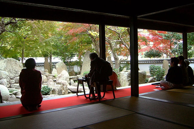 Viewing the karensansui at An'yō-in, Kobe, Japan. This garden was completed in the Azuchi-Momoyama period, 1568–1600. zen garden