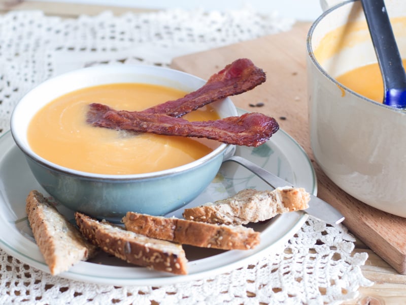 Butternut soup with crispy bacon and maple toast