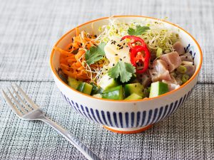 Poke bowl recipe; marinated tuna with buckwheat and pickled ginger