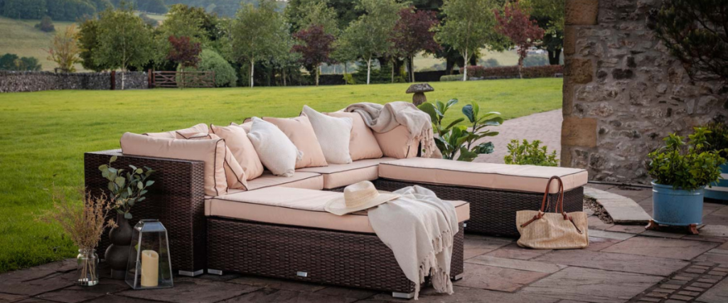 A picture of a rattan corner day bed sofa set: garden furniture trends