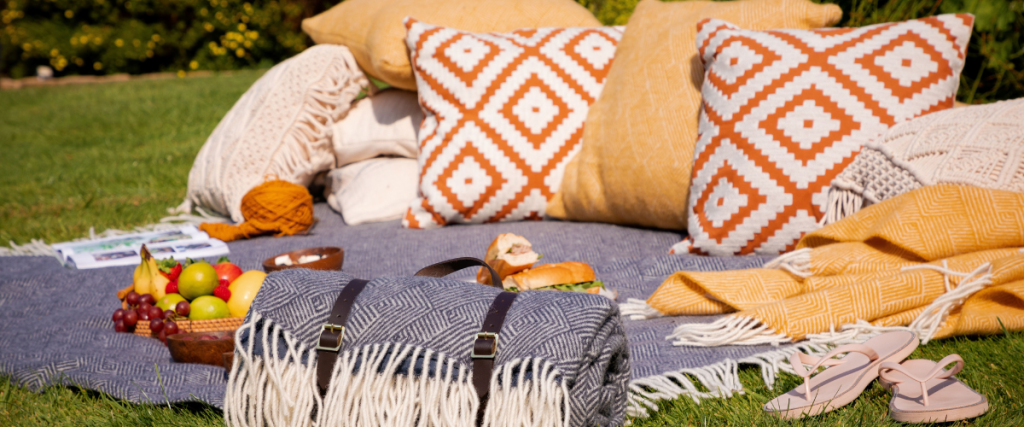 A picture of colourful cushions in a picnic setup